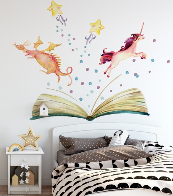 Kids Watercolor Unicorn and Dinosaurs in the Storybook Wall Decal Sticker