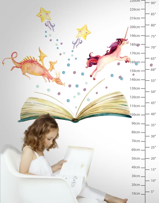 Kids Watercolor Unicorn and Dinosaurs in the Storybook Wall Decal Sticker