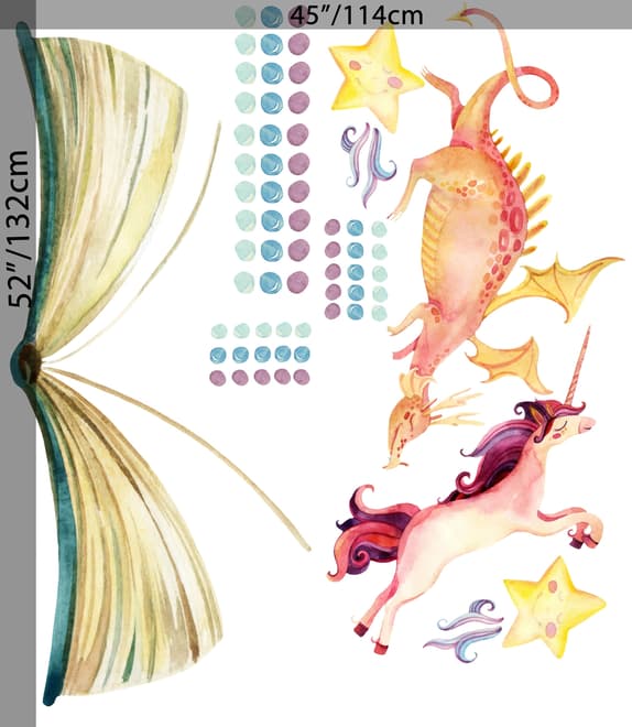 Kids Watercolor Unicorn and Dinosaurs in the Storybook Wall Decal Sticker