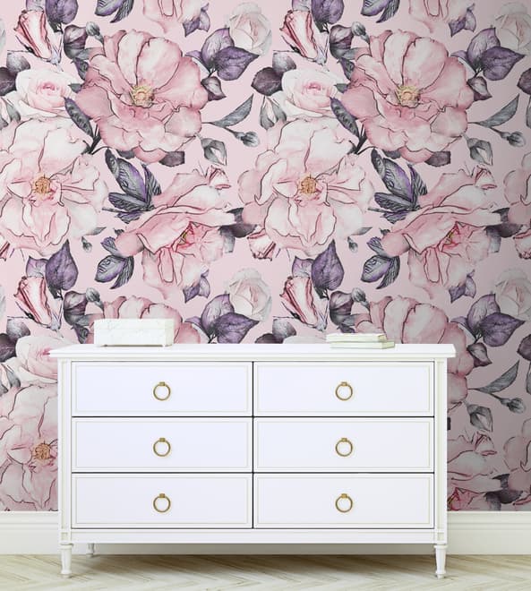 Watercolor Pink Floral Pattern Wallpaper Mural