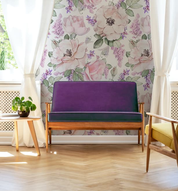 Watercolor Pink Floral Pattern with Wisteria Wallpaper Mural