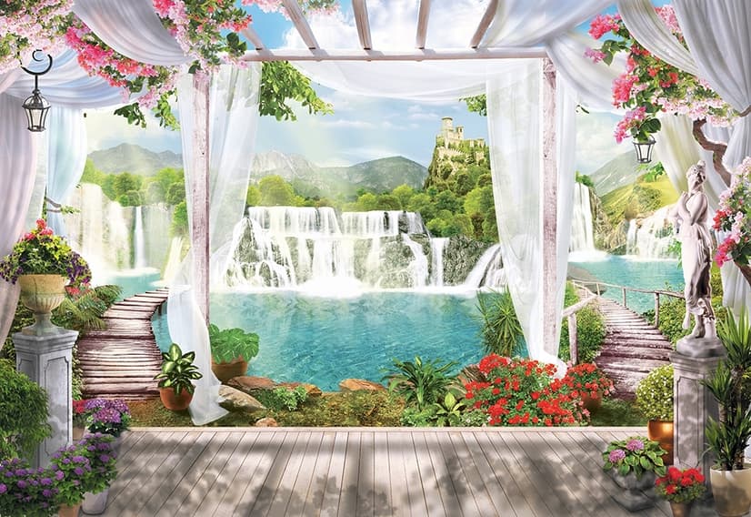 3D-Look Wasserfall Landschaft und malerischer Garten Fototapete