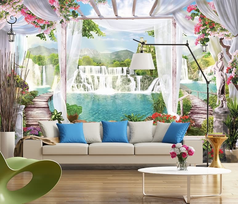 3D Look Waterfall Landscape and Scenic Garden Wallpaper Mural