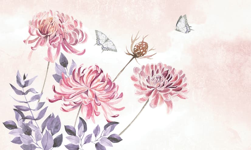 Papier peint art floral pissenlit rose aquarelle rétro