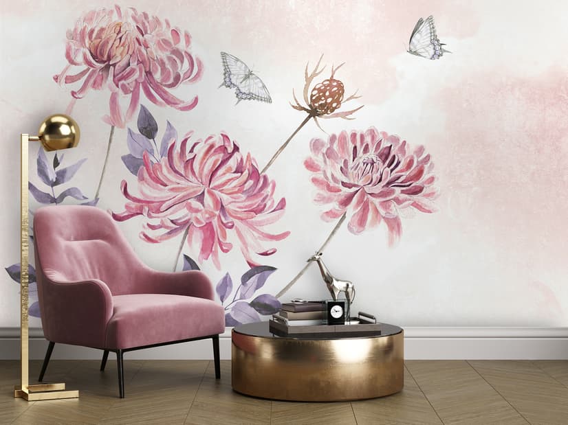 Papier peint art floral pissenlit rose aquarelle rétro