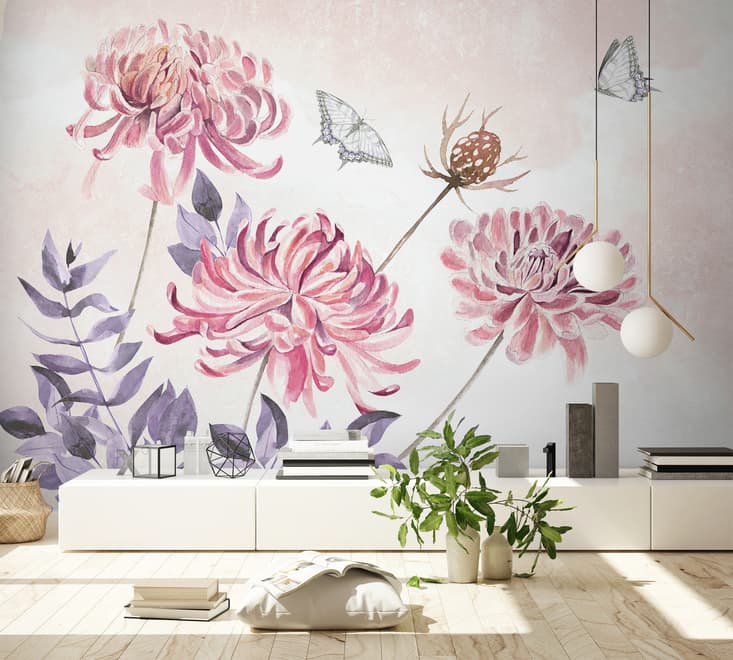 Papier peint art floral pissenlit rose aquarelle rétro