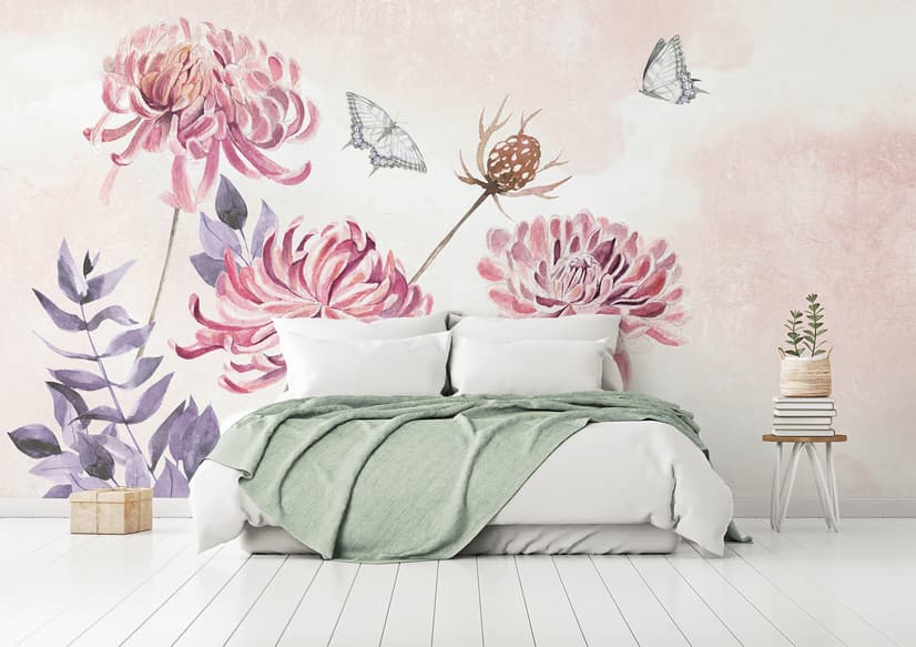 Papier peint art floral pissenlit rose aquarelle rétro