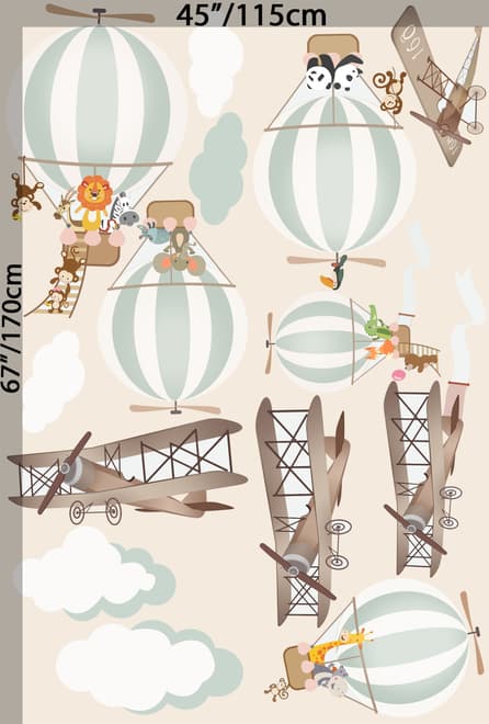 Wandtattoo mit grünen Heißluftballons und braunen Flugzeugen mit Wolken für Kinderzimmer