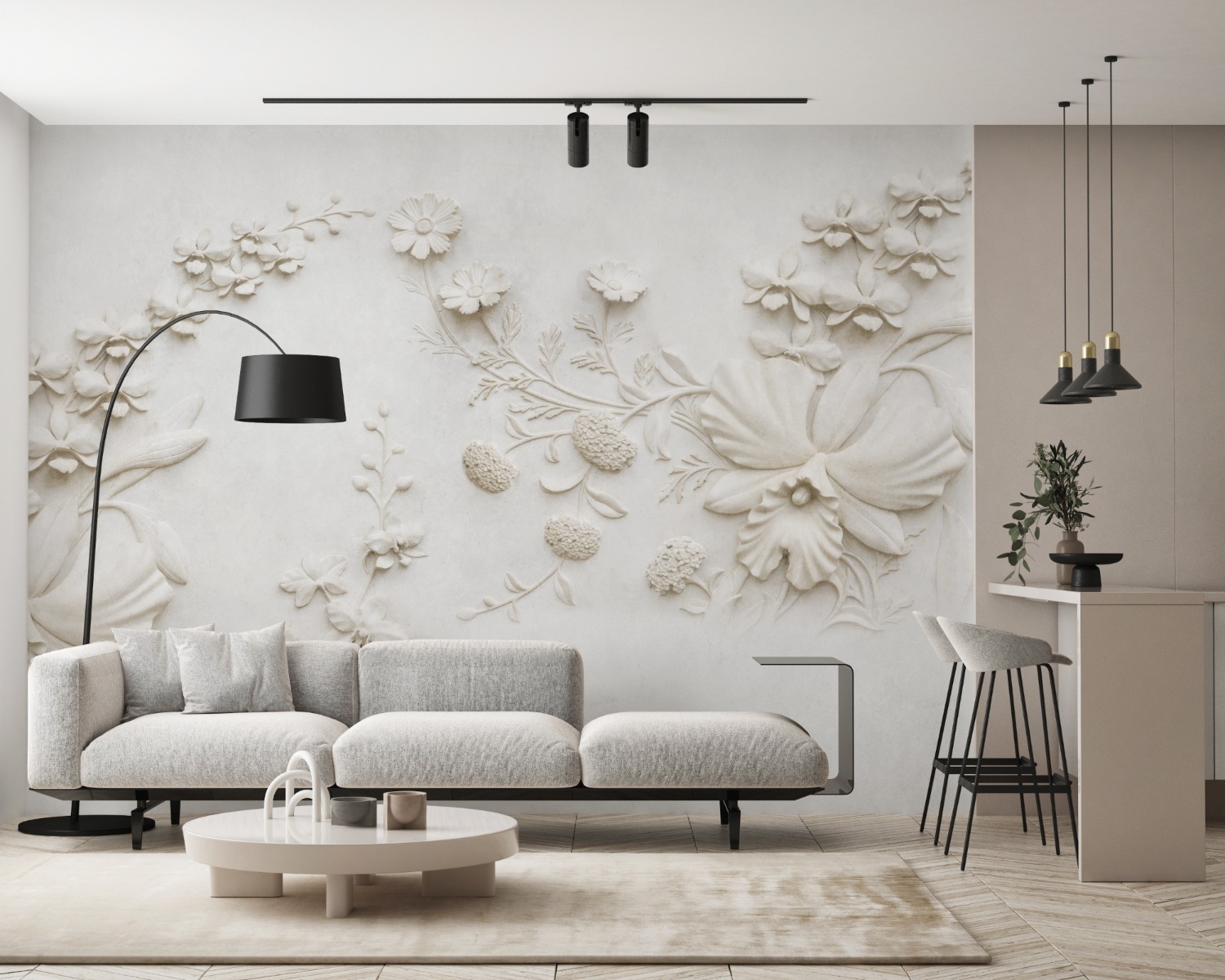 3D Embossed Look Cement Lily Flower Wallpaper Mural