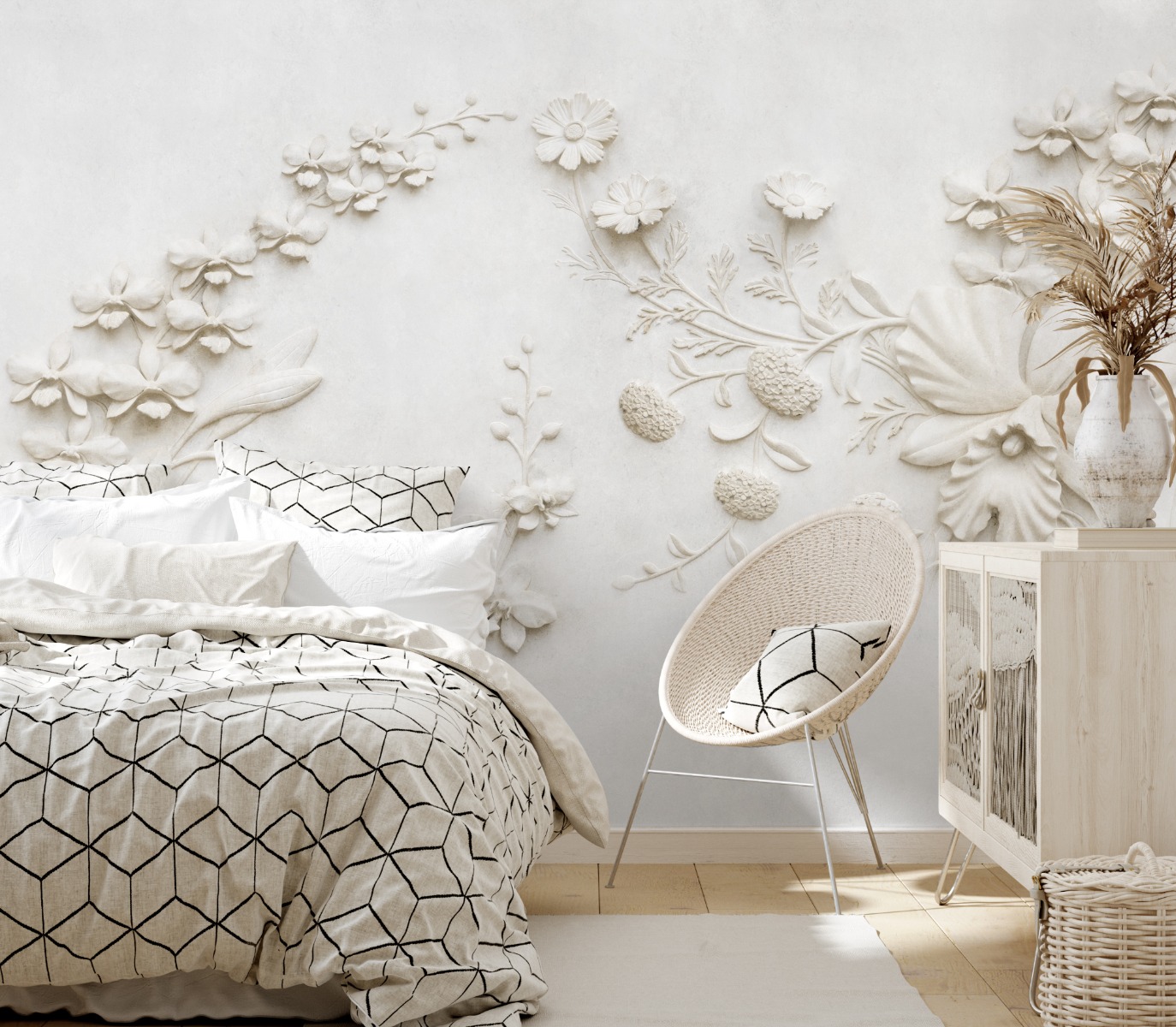 3D Embossed Look Cement Lily Flower Wallpaper Mural