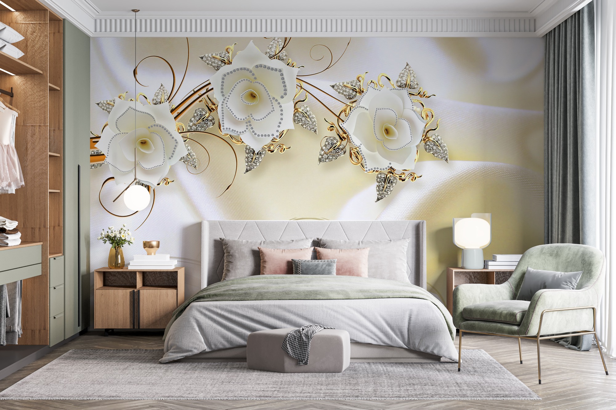 Jewelry Floral with Faux Silk Fabric Wallpaper Mural