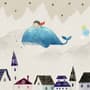 Cartoon Village and Little Child on the Flying Whale Wallpaper Mural