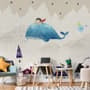 Cartoon Village and Little Child on the Flying Whale Wallpaper Mural
