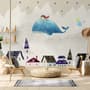 Cartoon Village and Little Child on the Flying Whale Wallpaper Mural