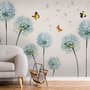 Blue Dandelion and Yellow Butterflies Wallpaper Mural