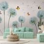 Blue Dandelion and Yellow Butterflies Wallpaper Mural