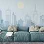 Blue Monochrome Cityscape and Soft Sun Wallpaper Mural