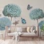 Light Blue Hydrangea Flowers and Butterflies Wallpaper Mural