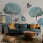 Light Blue Hydrangea Flowers and Butterflies Wallpaper Mural