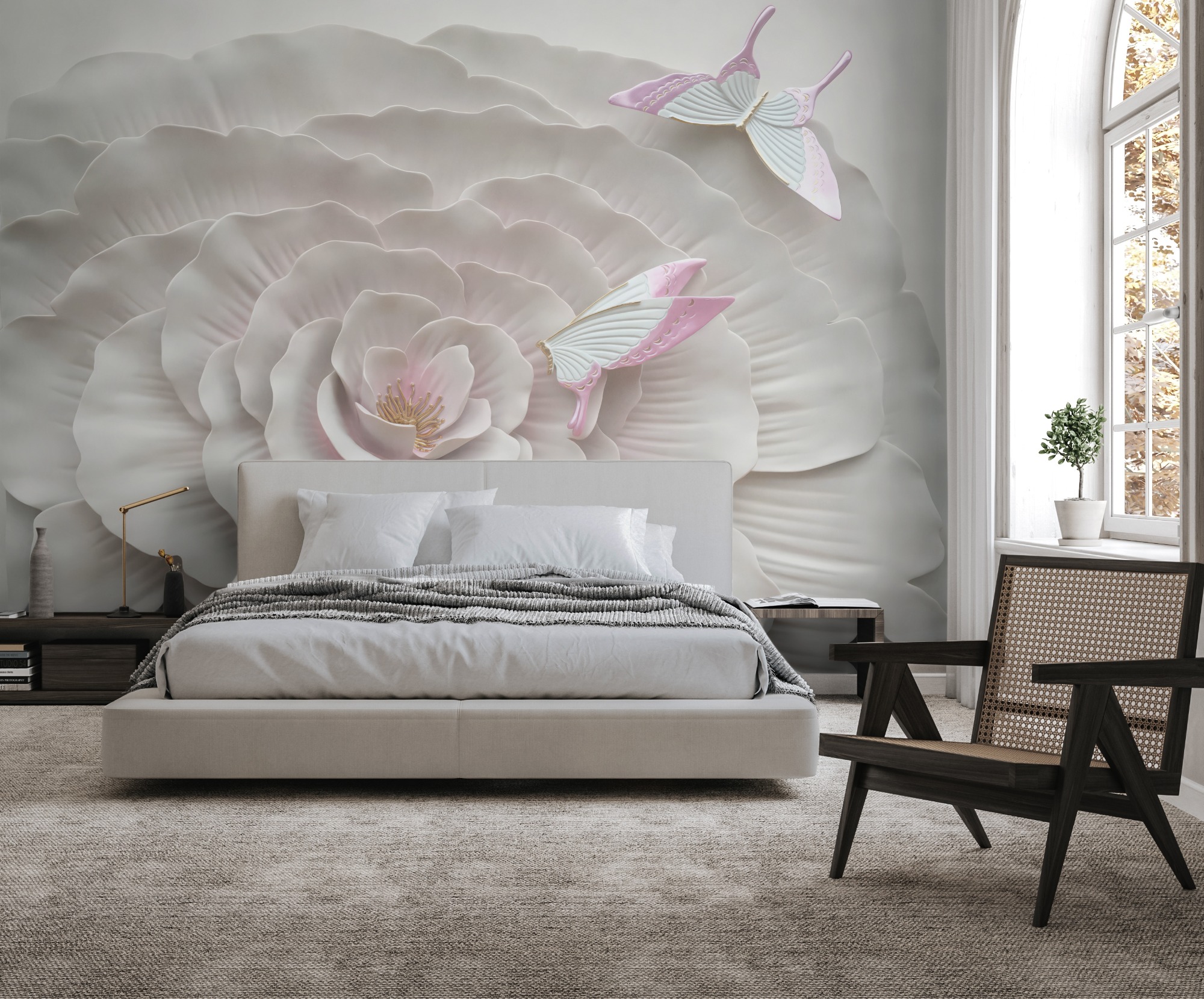 3D Embossed Look Flowers and Butterfly Wallpaper Mural