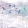Abstract City with Purple Birds Wallpaper Mural