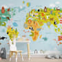 Сolorful Kids World Map with Animals Wallpaper Mural