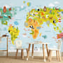 Сolorful Kids World Map with Animals Wallpaper Mural
