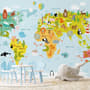 Сolorful Kids World Map with Animals Wallpaper Mural