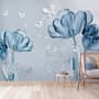 Blue Transparent Floral and White Butterflies Wallpaper Mural