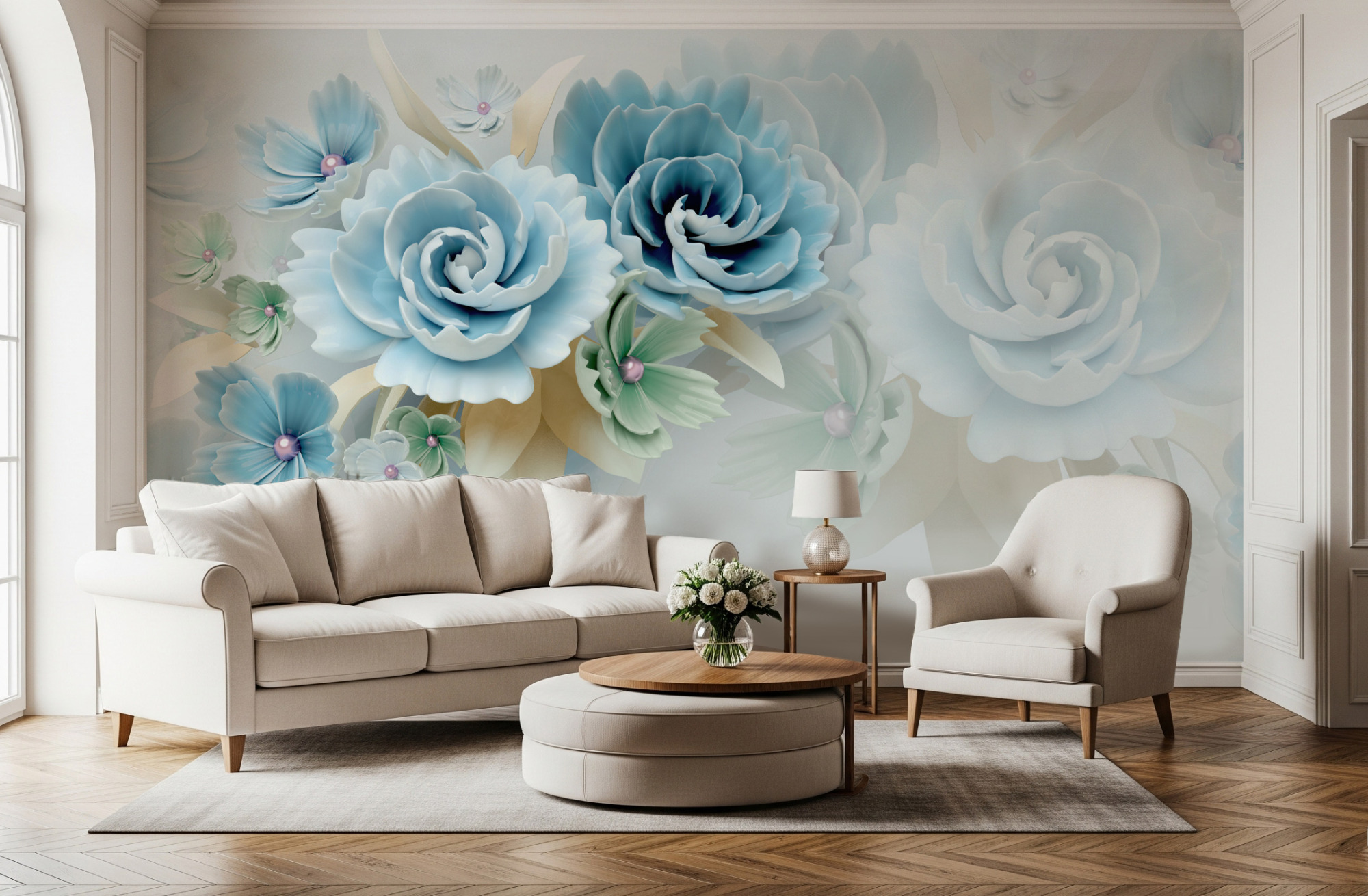 Europäischer Stil 3D Blau-Grün Floral Fototapete