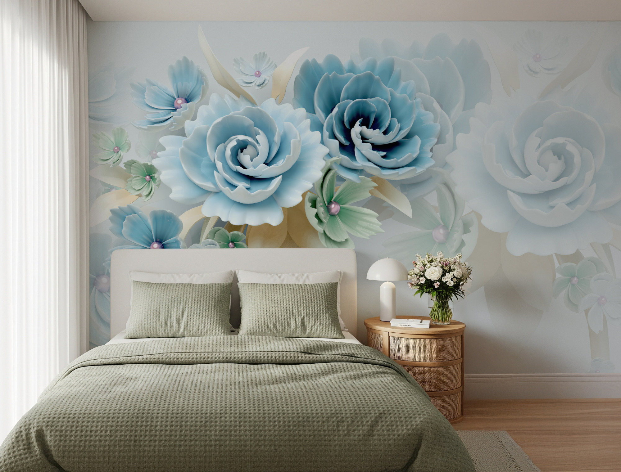 Europäischer Stil 3D Blau-Grün Floral Fototapete
