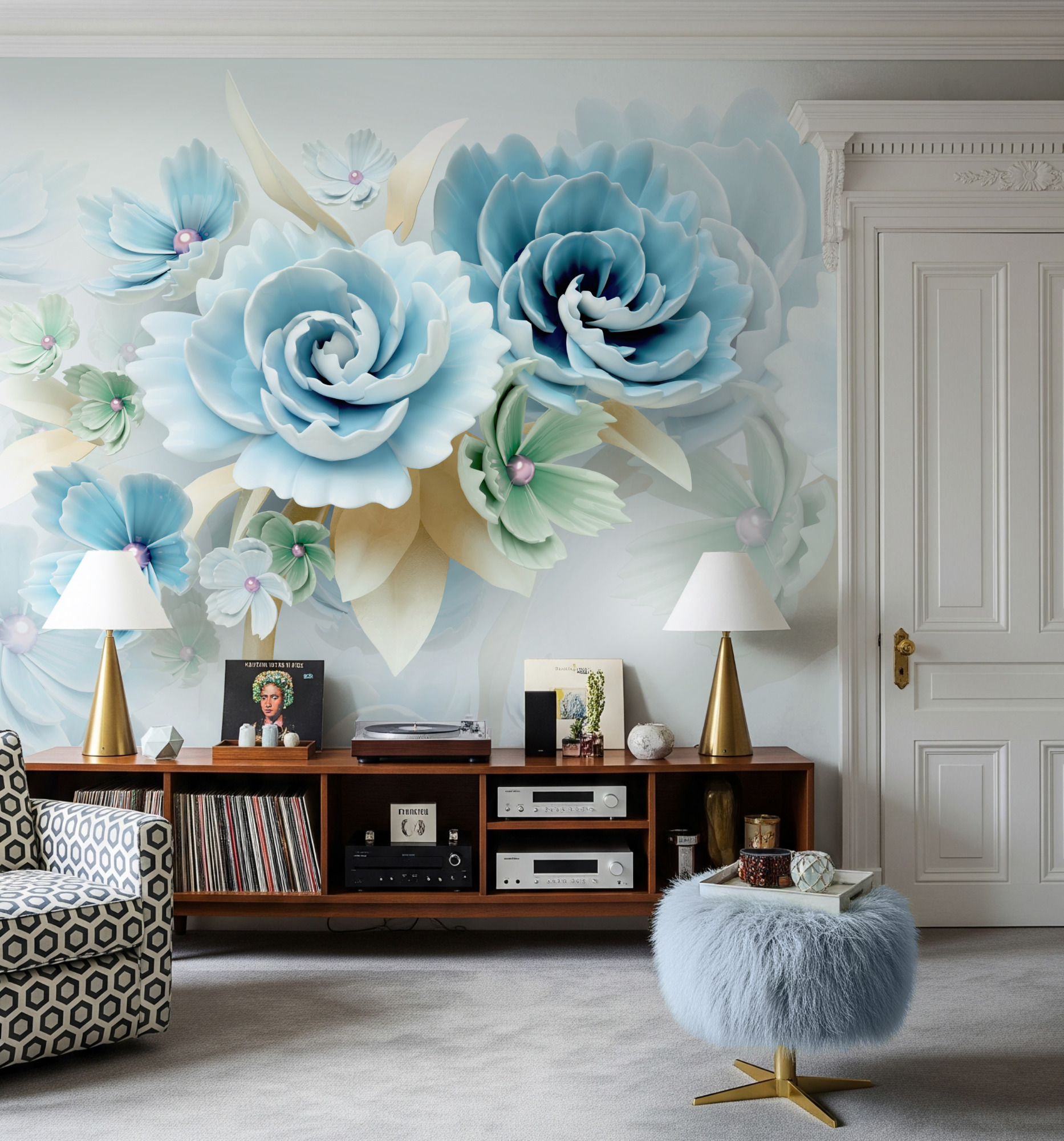 Europäischer Stil 3D Blau-Grün Floral Fototapete