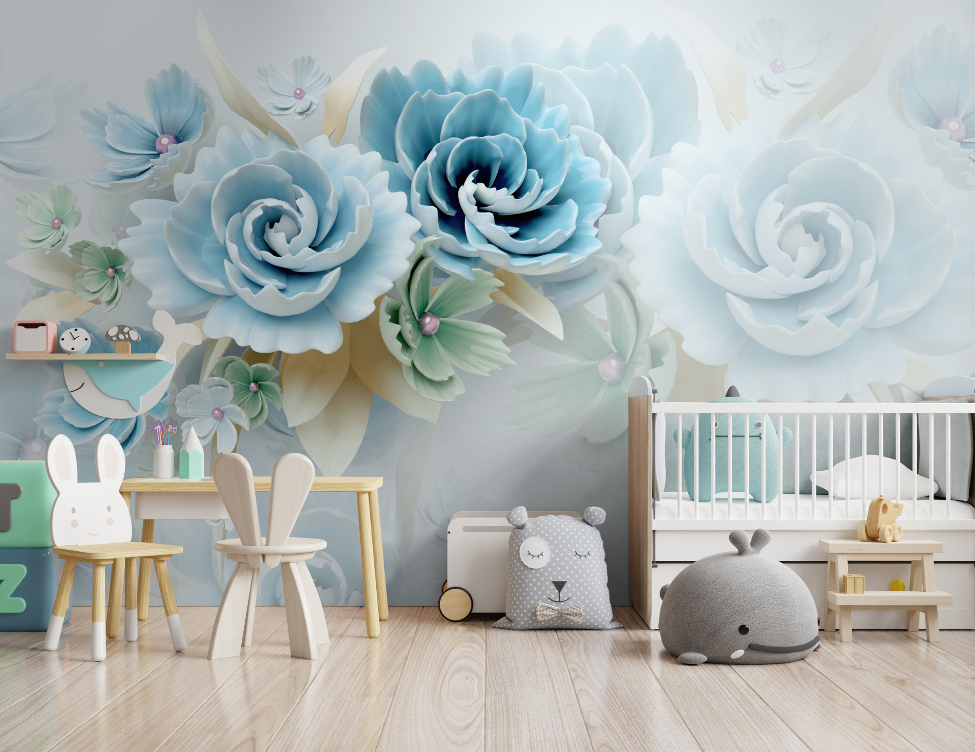 Europäischer Stil 3D Blau-Grün Floral Fototapete