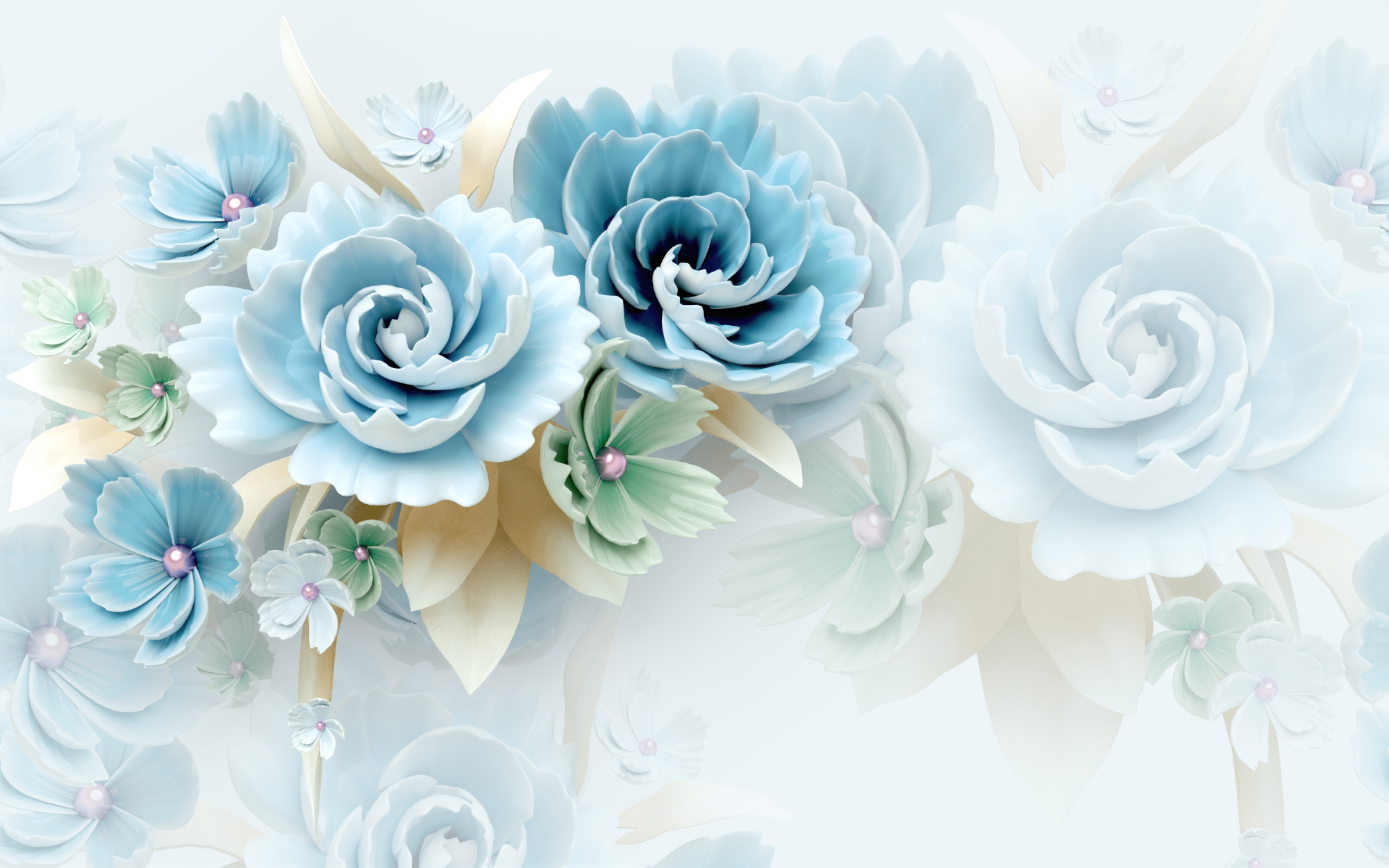 Europäischer Stil 3D Blau-Grün Floral Fototapete