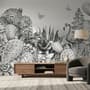 Monochrome Cactus Floral with Flamingo Drawing Wallpaper Mural