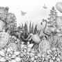 Monochrome Cactus Floral with Flamingo Drawing Wallpaper Mural