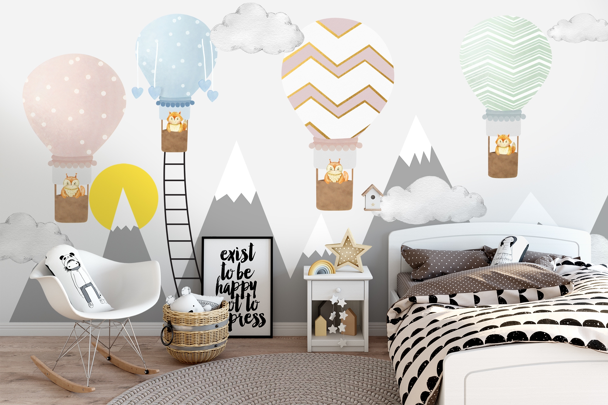 Kids Gray Mountain and Colorful Hot Air Balloon Wallpaper Mural