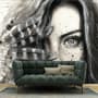 Monochrome Portrait Girl with Black Feathers Wallpaper Mural