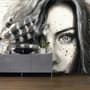 Monochrome Portrait Girl with Black Feathers Wallpaper Mural