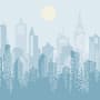 Blue Monochrome Cityscape and Soft Sun Wallpaper Mural