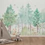 Watercolor Green Forest and Cute Fox,Hedhehog and Elk Wallpaper Mural