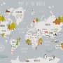 Kids World Map with Cartoon Animals Wallpaper Mural