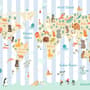 Kids Animals World Map with Stripe Pattern Wallpaper Mural