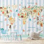 Kids Animals World Map with Stripe Pattern Wallpaper Mural