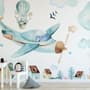 Watercolor Cartoon Village and Airplane Wallpaper Mural