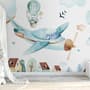 Watercolor Cartoon Village and Airplane Wallpaper Mural