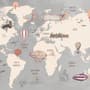 Vintage Kids World Map with Aircraft and Hot Air Balloon Wallpaper Mural