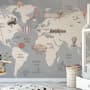 Vintage Kids World Map with Aircraft and Hot Air Balloon Wallpaper Mural