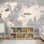Vintage Kids World Map with Aircraft and Hot Air Balloon Wallpaper Mural