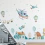 Kids Cartoon Village for Boys Watercolor Aircraft and Hot Air Balloon Wall Decal Sticker